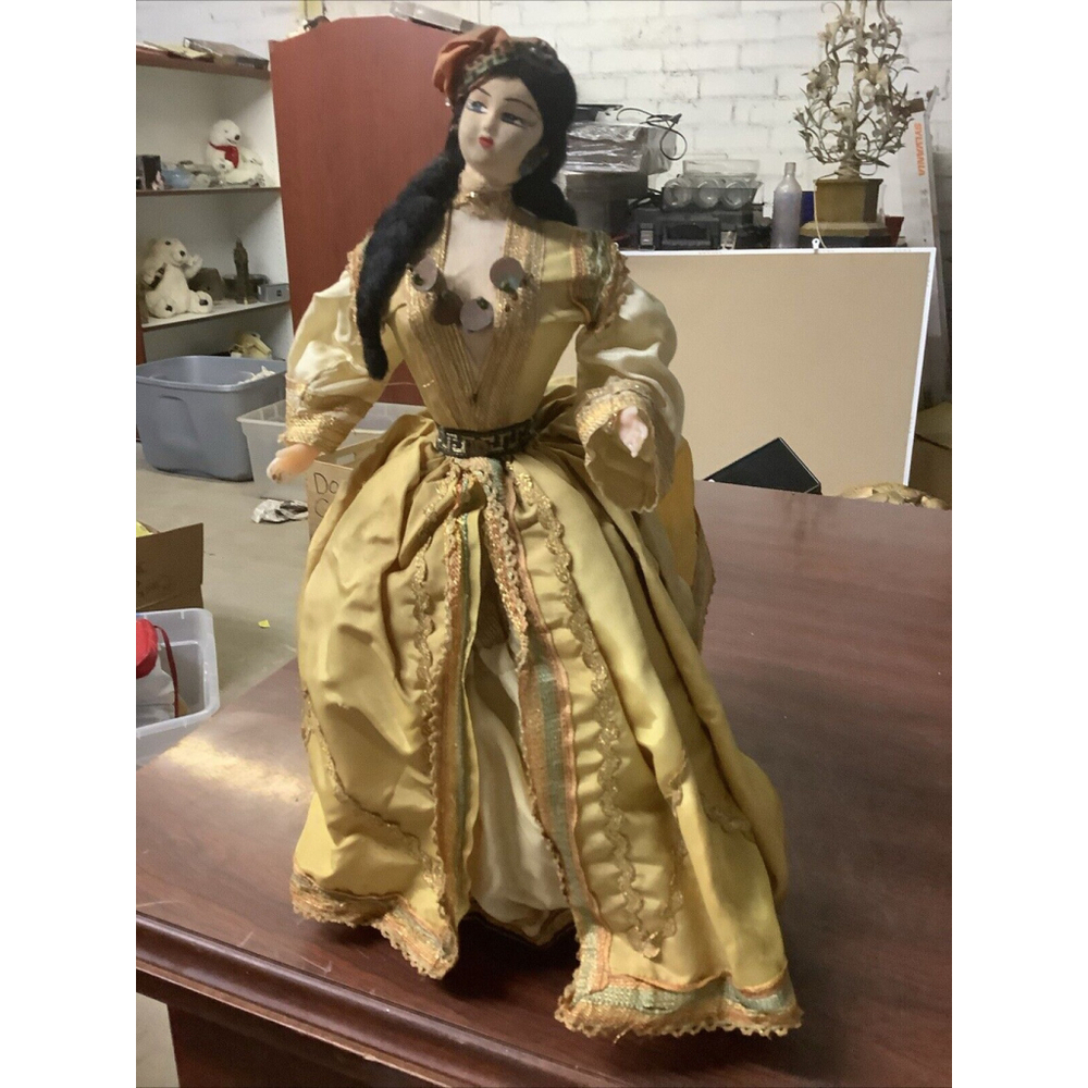 Vintage Collectible Gypsy Doll Cloth Head Plastic Body Hand Crafted 14”